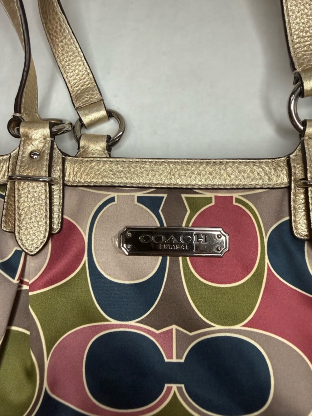 Coach Signature Scarf Sateen Gold Trim Satin Handbag Tote - Picture 4 of 5